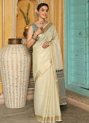 Off white woven linen silk saree with gold zari border 4