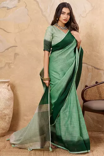 Light green linen cotton blend saree with contrast border