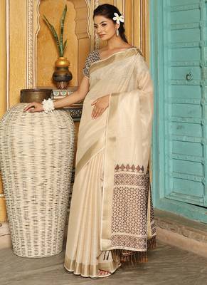 Off white woven linen silk saree with gold zari border 2