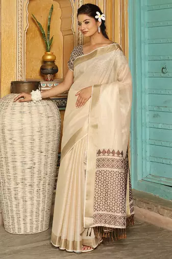 Off white woven linen silk saree with gold zari border