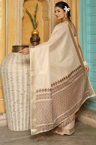 Off white woven linen silk saree with gold zari border