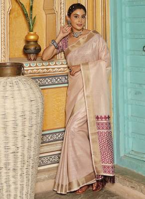 Off white woven linen silk saree with gold zari border 1