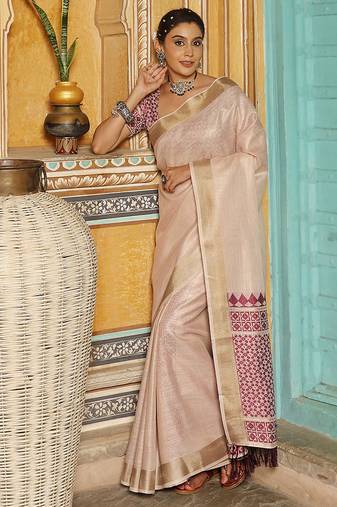 Off white woven linen silk saree with gold zari border