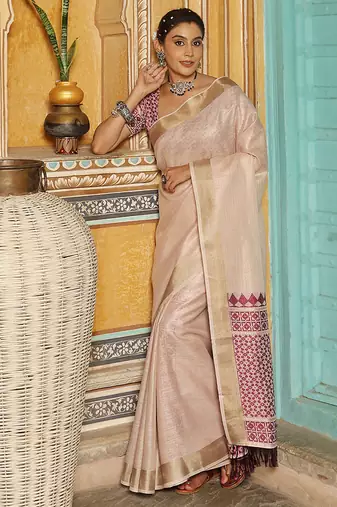 Off white woven linen silk saree with gold zari border