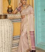 Off white woven linen silk saree with gold zari border