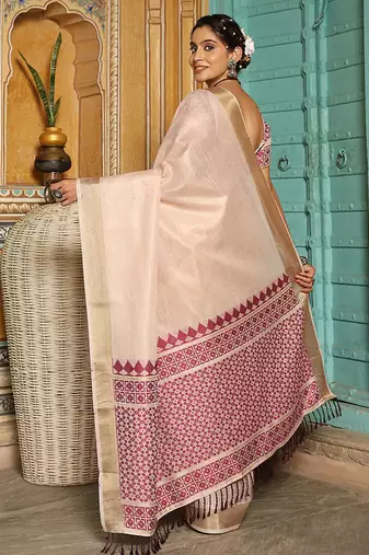 Off white woven linen silk saree with gold zari border