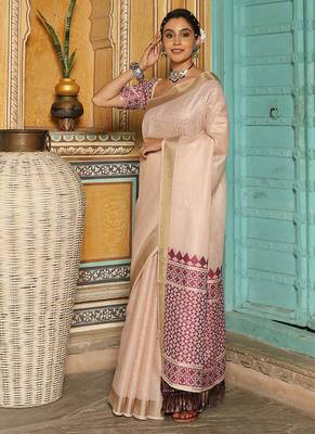 Off white woven linen silk saree with gold zari border 3