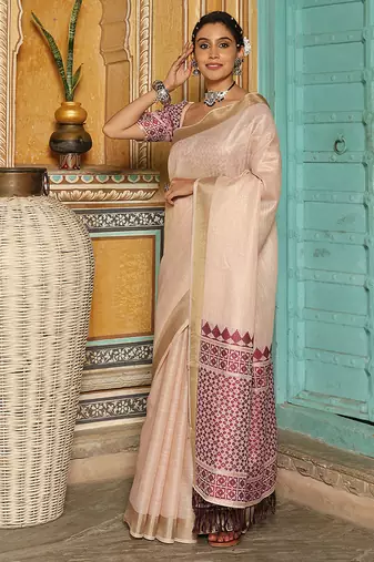 Off white woven linen silk saree with gold zari border