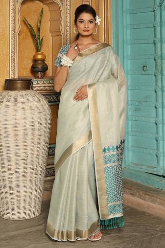 Off white woven linen silk saree with gold zari border