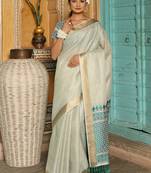 Off white woven linen silk saree with gold zari border
