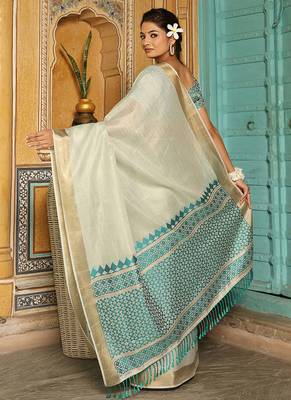 Off white woven linen silk saree with gold zari border 2