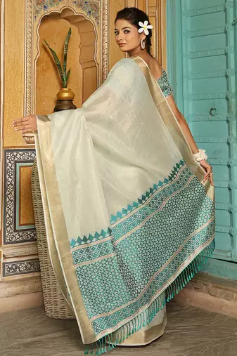 Off white woven linen silk saree with gold zari border