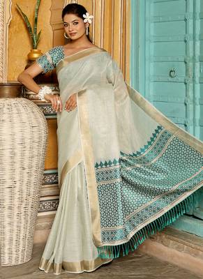 Off white woven linen silk saree with gold zari border 3
