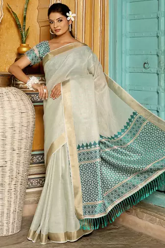 Off white woven linen silk saree with gold zari border