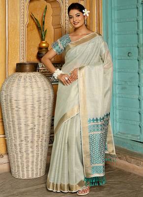 Off white woven linen silk saree with gold zari border 4