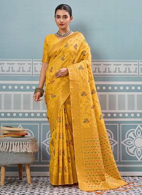 Mustard banarasi silk blend saree with rich gold zari floral weaving 1