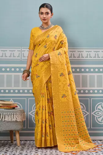 Mustard banarasi silk blend saree with rich gold zari floral weaving