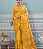 Mustard banarasi silk blend saree with rich gold zari floral weaving
