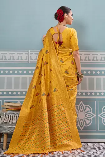 Mustard banarasi silk blend saree with rich gold zari floral weaving