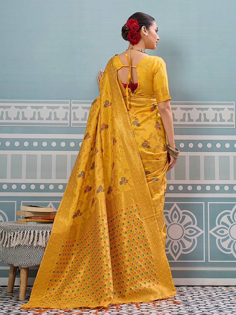 Mustard banarasi silk blend saree with rich gold zari floral weaving
