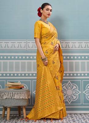 Mustard banarasi silk blend saree with rich gold zari floral weaving 3