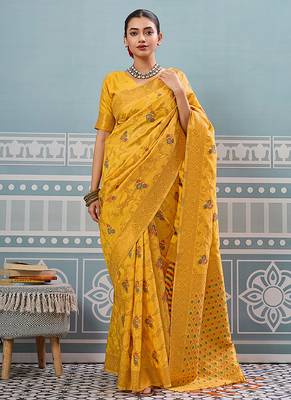 Mustard banarasi silk blend saree with rich gold zari floral weaving 4