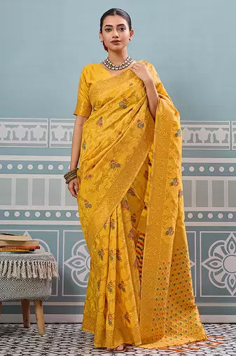 Mustard banarasi silk blend saree with rich gold zari floral weaving