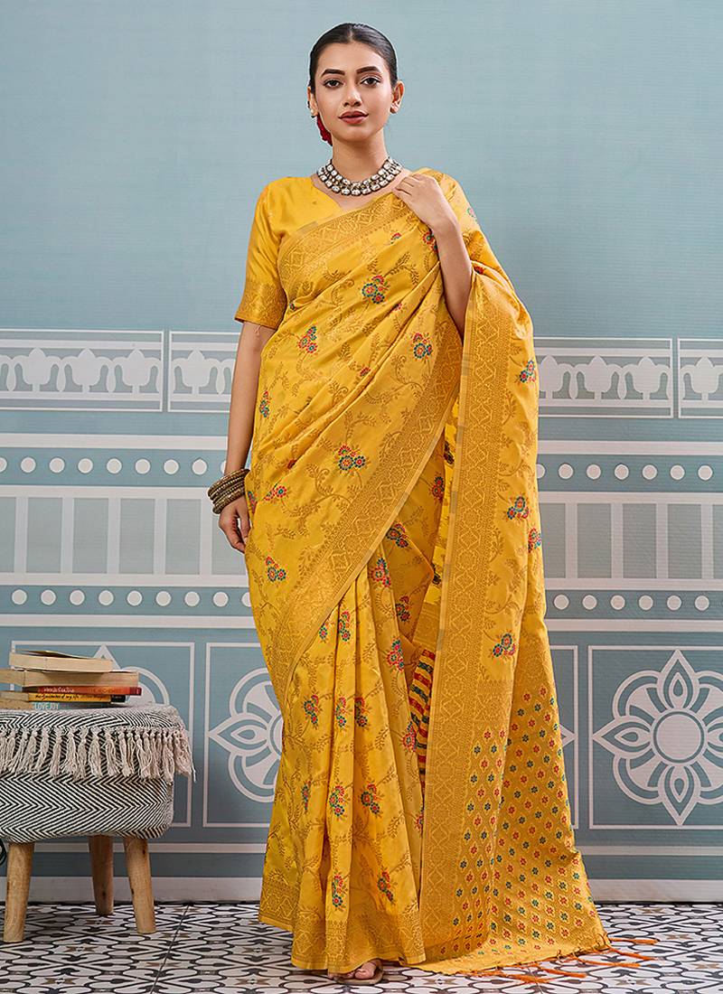 Mustard banarasi silk blend saree with rich gold zari floral weaving