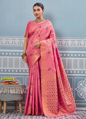 Pink banarasi silk blend saree with rich gold zari floral weaving 1