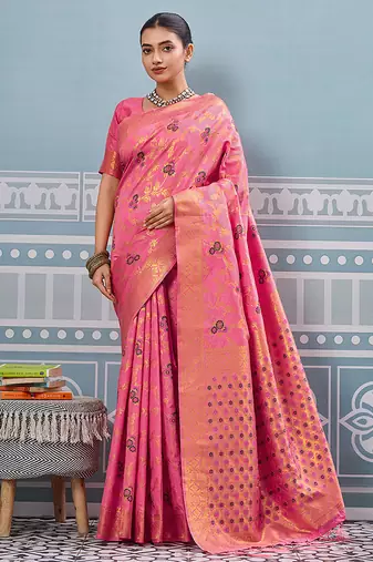 Pink banarasi silk blend saree with rich gold zari floral weaving