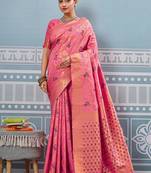 Pink banarasi silk blend saree with rich gold zari floral weaving
