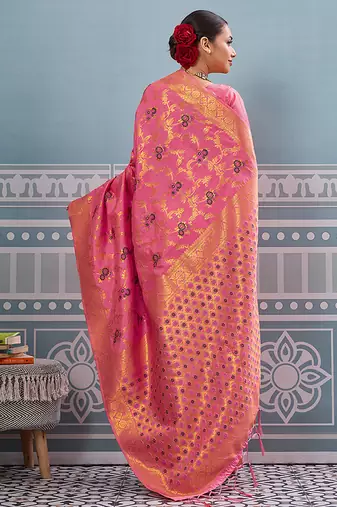 Pink banarasi silk blend saree with rich gold zari floral weaving