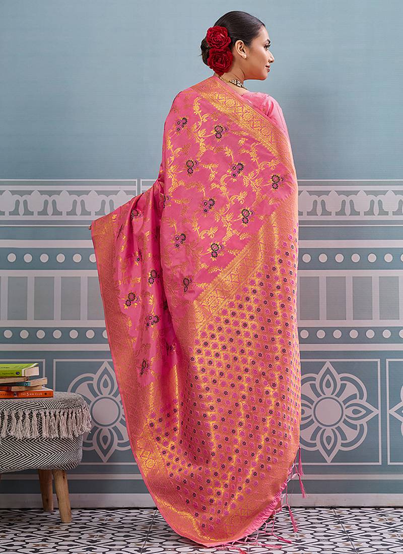 Pink banarasi silk blend saree with rich gold zari floral weaving