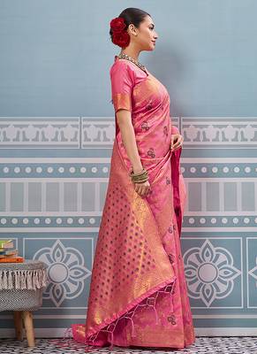 Pink banarasi silk blend saree with rich gold zari floral weaving 3