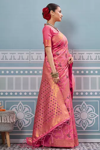 Pink banarasi silk blend saree with rich gold zari floral weaving