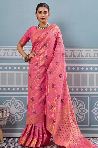 Pink banarasi silk blend saree with rich gold zari floral weaving