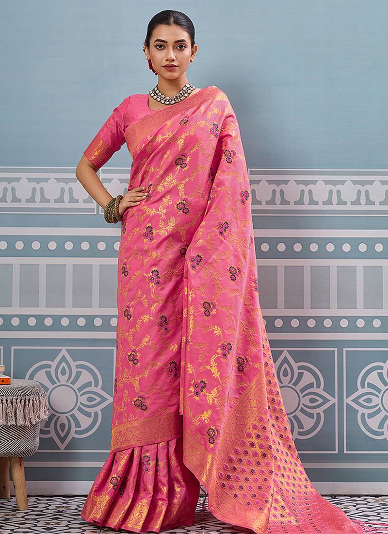 Pink banarasi silk blend saree with rich gold zari floral weaving