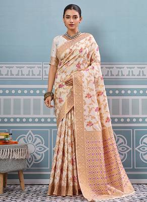 Off white banarasi silk blend saree with rich gold zari floral weaving 1