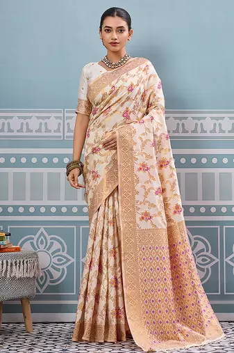 Off white banarasi silk blend saree with rich gold zari floral weaving