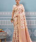 Off white banarasi silk blend saree with rich gold zari floral weaving