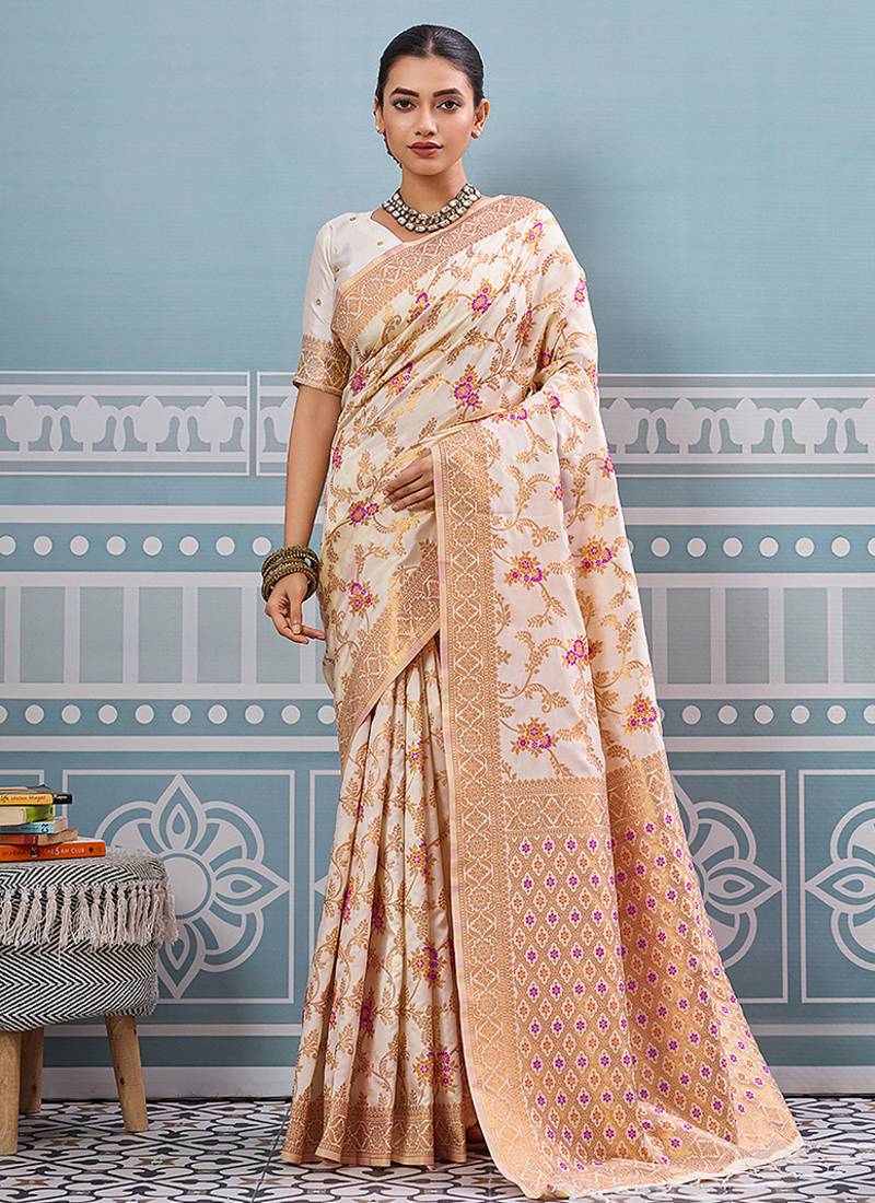 Off white banarasi silk blend saree with rich gold zari floral weaving