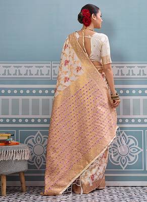 Off white banarasi silk blend saree with rich gold zari floral weaving 2