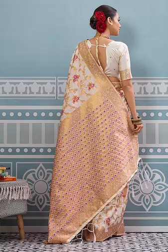 Off white banarasi silk blend saree with rich gold zari floral weaving