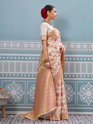 Off white banarasi silk blend saree with rich gold zari floral weaving 3
