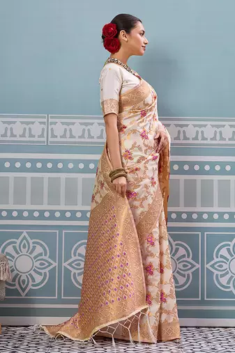 Off white banarasi silk blend saree with rich gold zari floral weaving