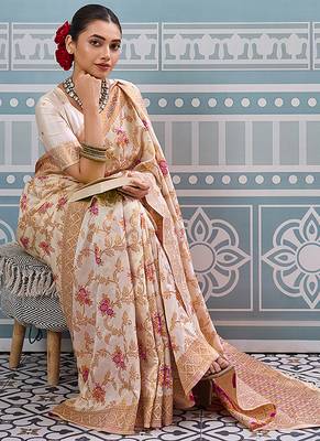 Off white banarasi silk blend saree with rich gold zari floral weaving 4