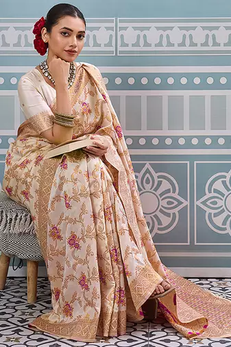 Off white banarasi silk blend saree with rich gold zari floral weaving