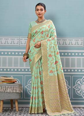 Mint green banarasi silk blend saree with rich gold zari floral weaving 1