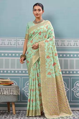 Mint green banarasi silk blend saree with rich gold zari floral weaving