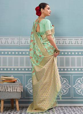 Mint green banarasi silk blend saree with rich gold zari floral weaving 2